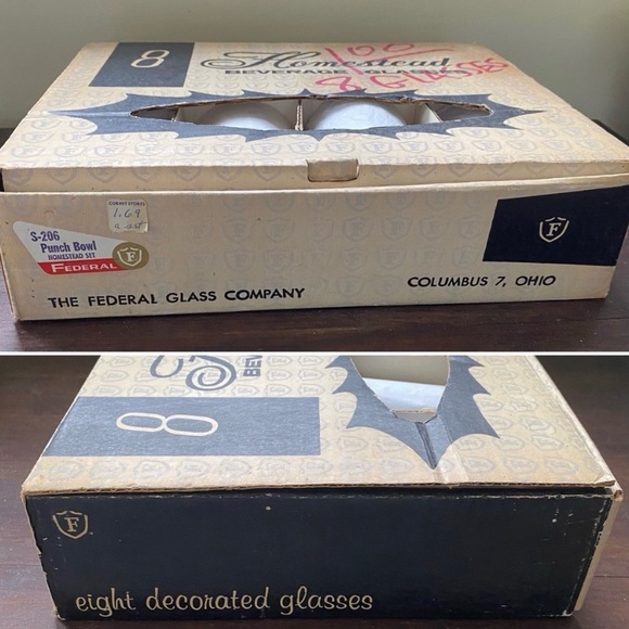 8 Vintage Federal Drinkware Glasses New in Box White Fruit Gold Leaf Design - Picture 10 of 12